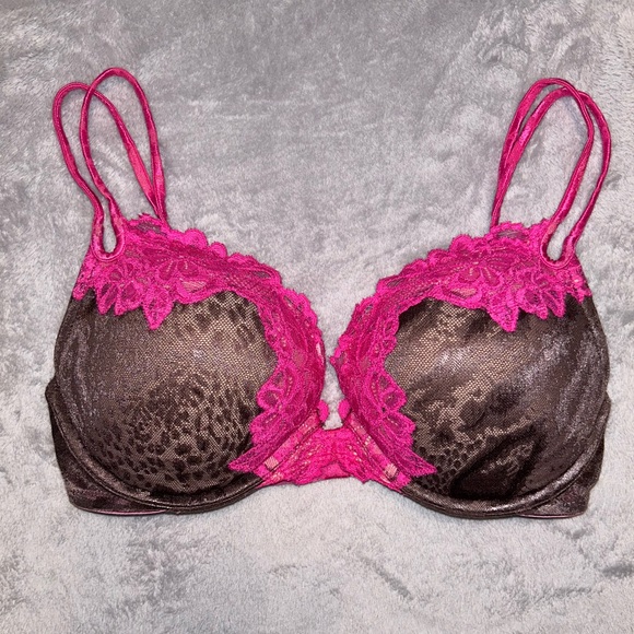 Victoria's Secret Other - Vintage Victoria’s Secret Bra Brown Animal Print Pink Lace 34D